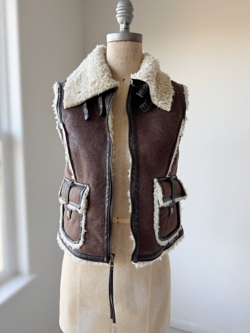Black Rivet Brown Faux Shearling Vest Womens S Sherpa Zip Buckle Pockets